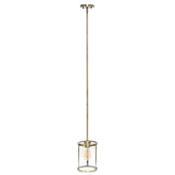 Lalia Home 1-Light 9.25" Adjustable Hanging Cylindrical Clear Glass Pendant with Metal Accents, Antique Brass LHP-3002-AB